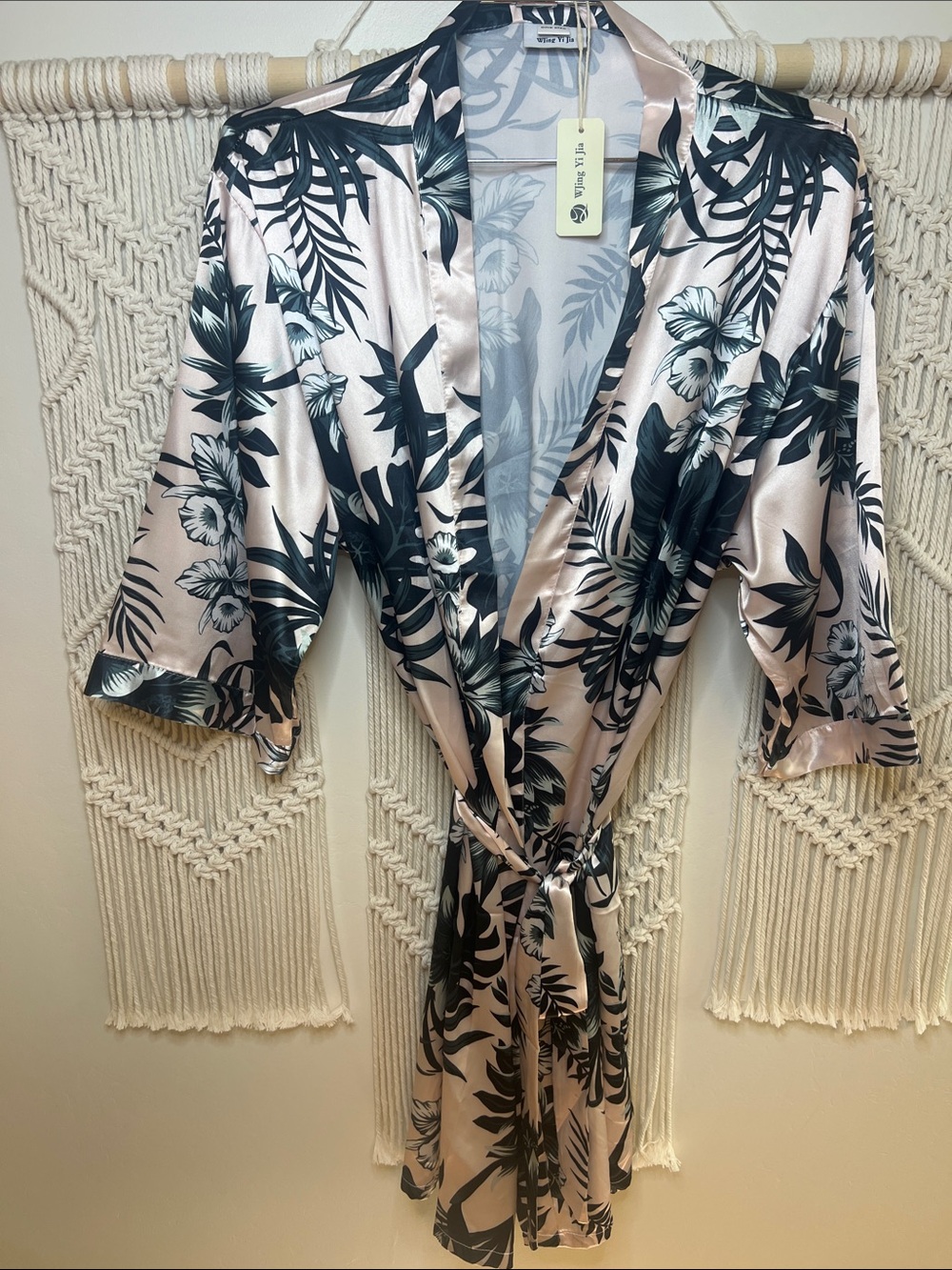 Women's Satin Floral Robe - Blush Pink & Black - Unbranded